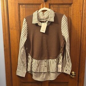 Fate Knitted Vest Twofer Shirt with Brown and White Stripes